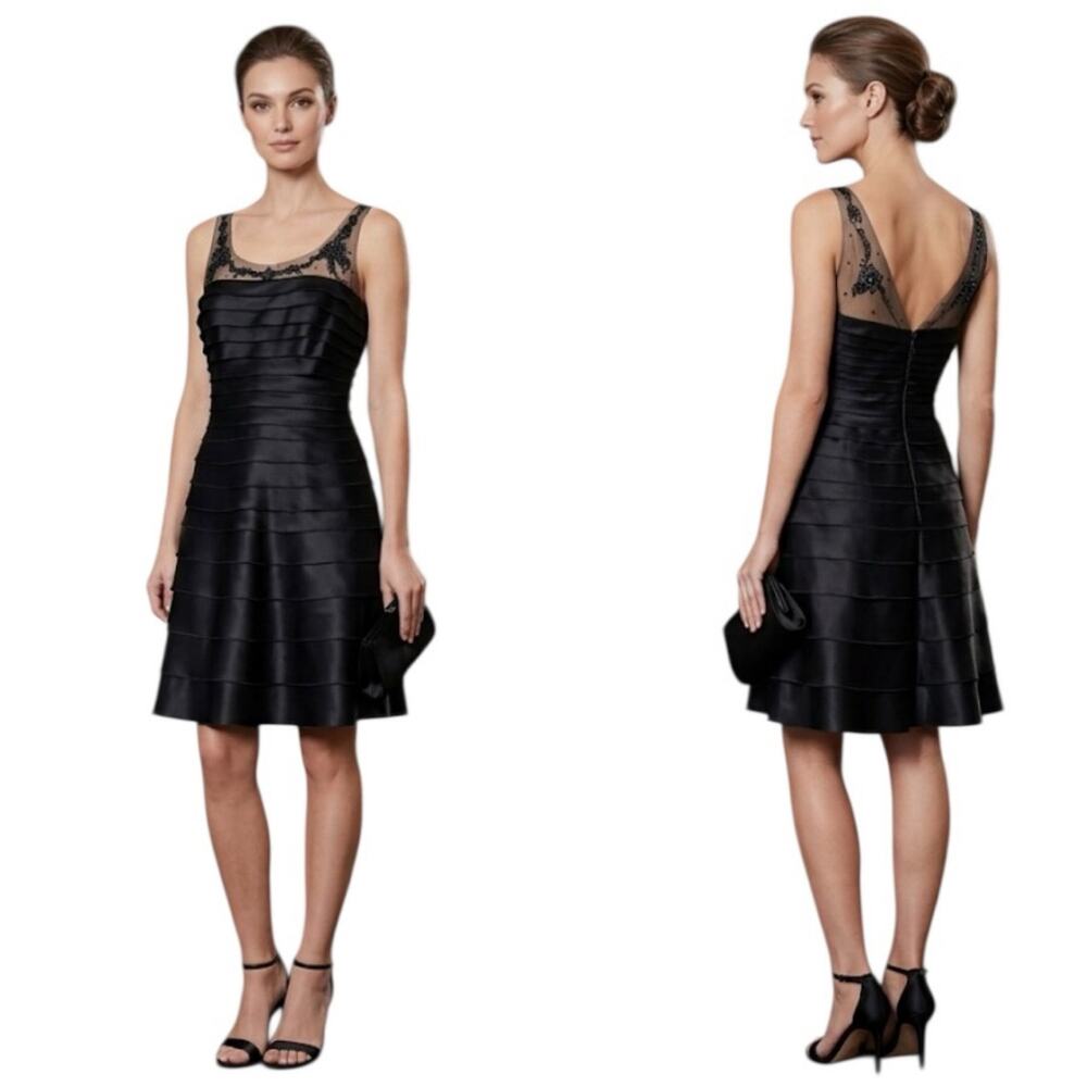BCBGMaxAzria Black Tiered Beaded Illusion Neckline Cocktail Party Dress Size 2